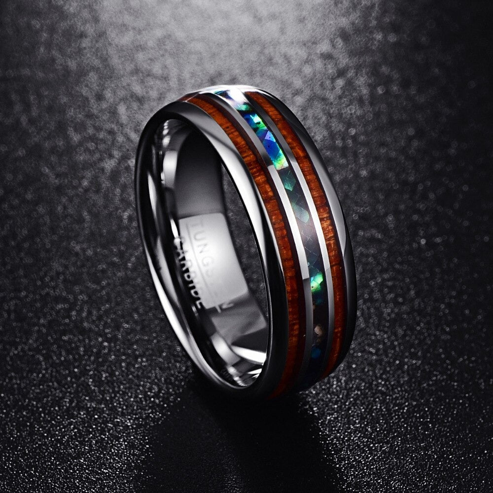 Luksuriøs Koa tre og abalone ring, 8mm wolframkarbid, ideell som gave til forlovelse eller bryllup.
