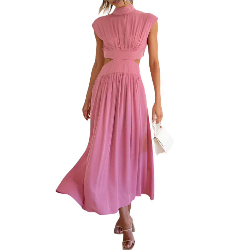 Elegant kortermet maxikjole for kvinner med høy hals. Komfortabel polyester sommerkjole.