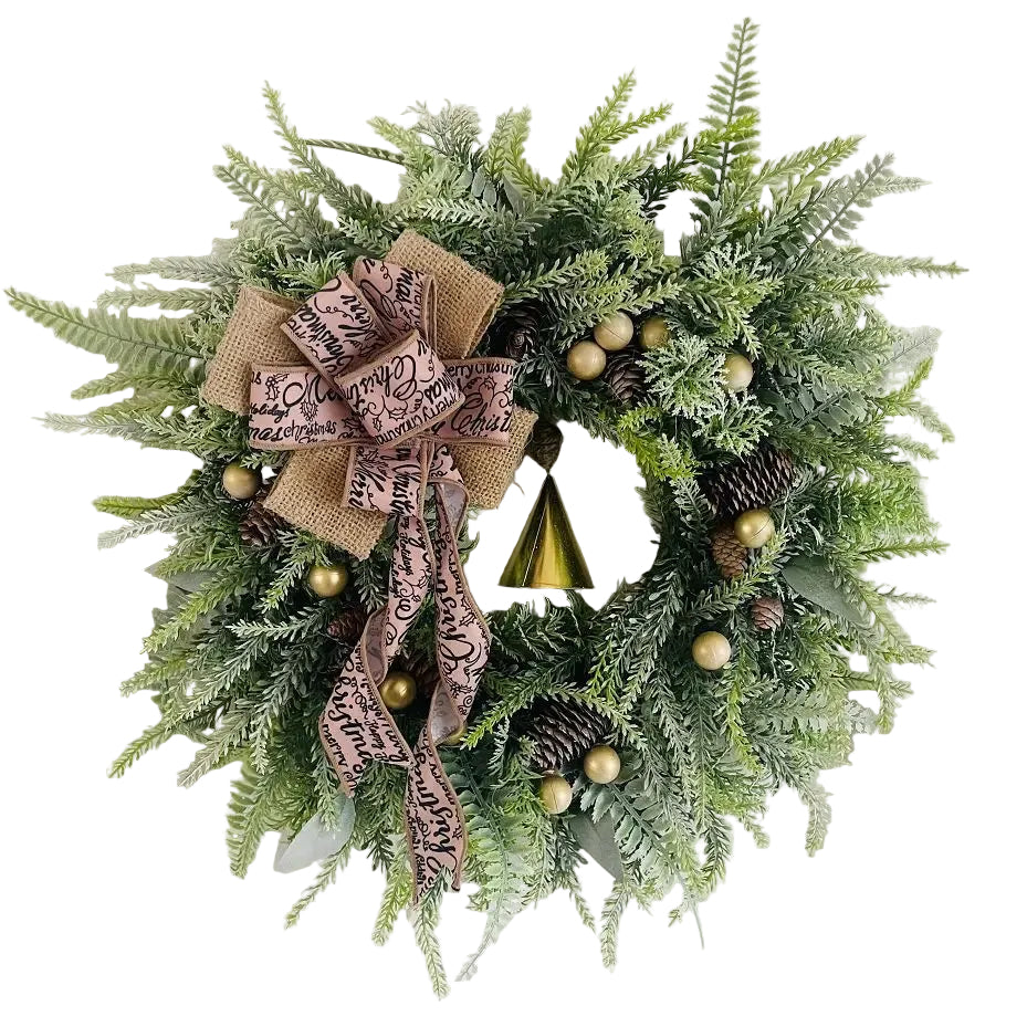 Elegant kunstig julekrans med kongler og jutesløyfe. Perfekt dørkrans/veggkrans for innendørs/utendørs jul.