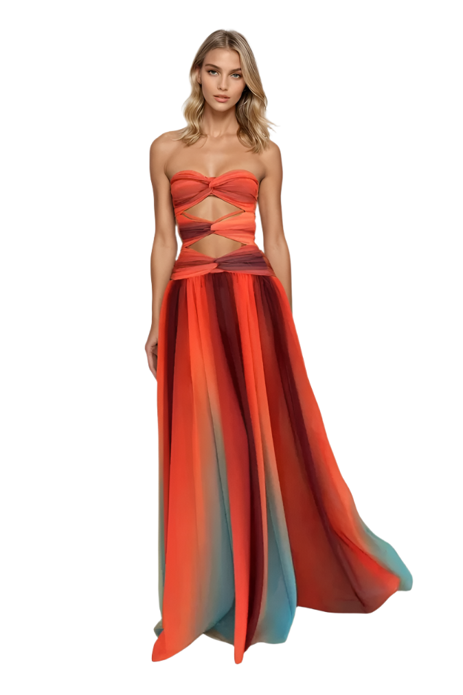 Elegant kvinne maxi kjole med drapert passform og vakkert ombre fargedesign for fest