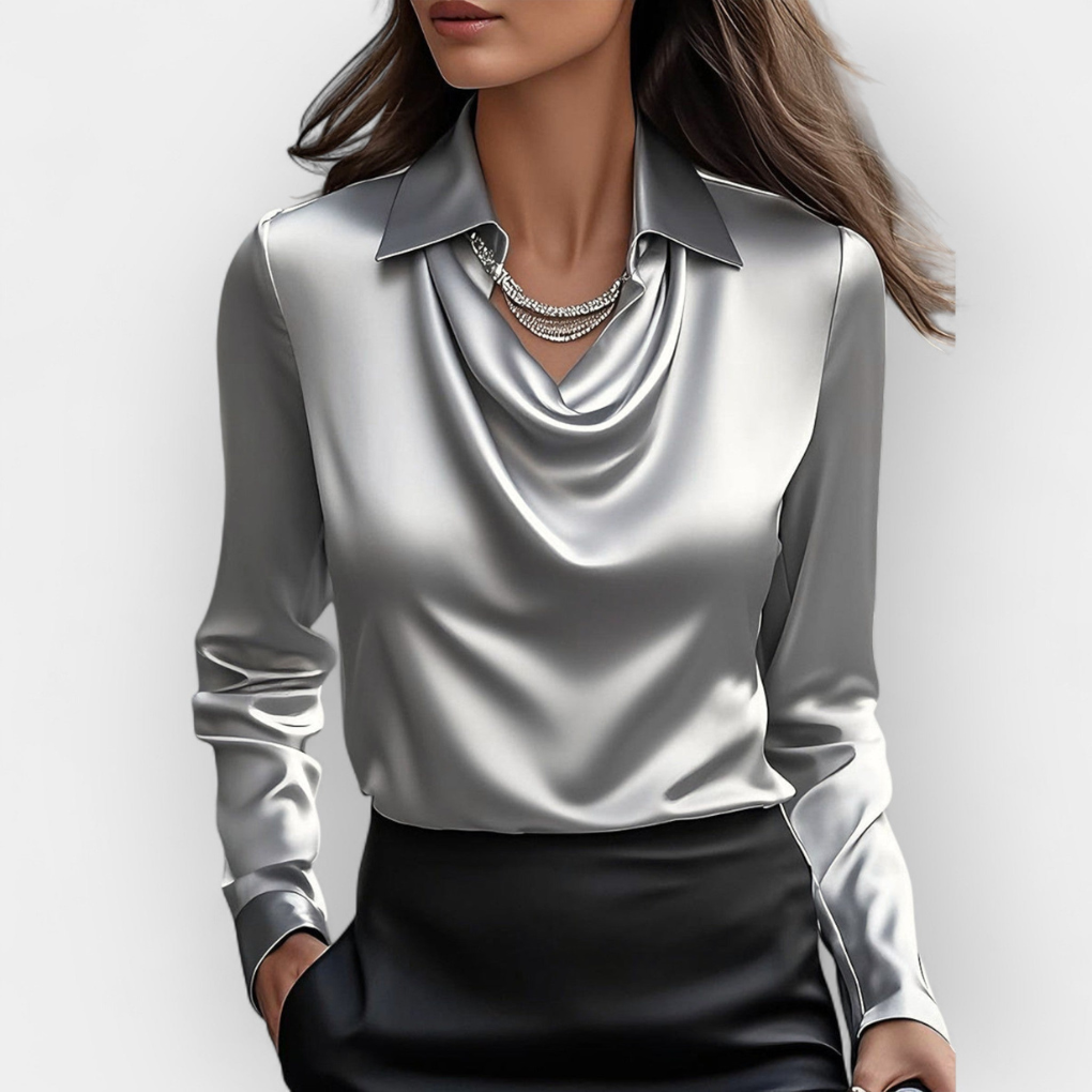 Kvinner Glatt Bluse med Elegant Vannfall-krage. Langermet, glansfullt stoff for kontor og fest.