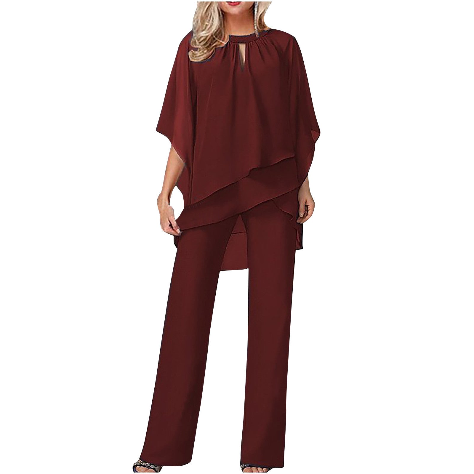 Elegant damesett med asymmetrisk overdel og komfortabel bred bukse, perfekt for spesielle anledninger.
