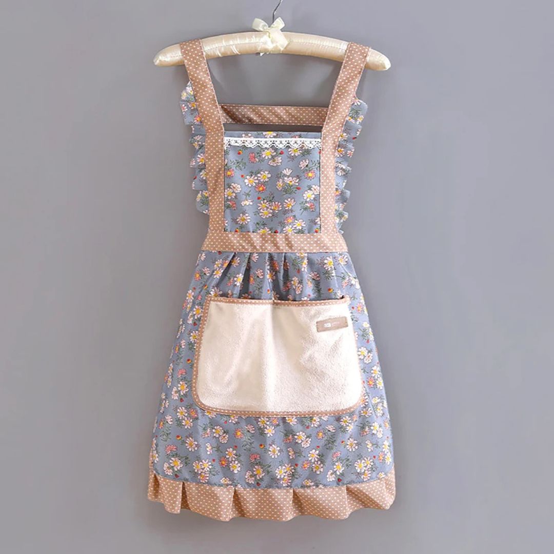 Praktisk bomulls kvinneforkle med blomster, one size. Perfekt som kjøkken-, bake- eller hageforkle med romslige lommer.