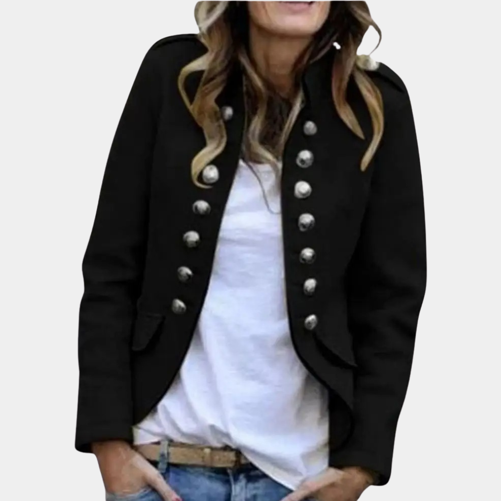 Stilfull kort blazer for kvinner med moderne stand-up krage og knapplukking. Allsidig damejakke for vår/høst.