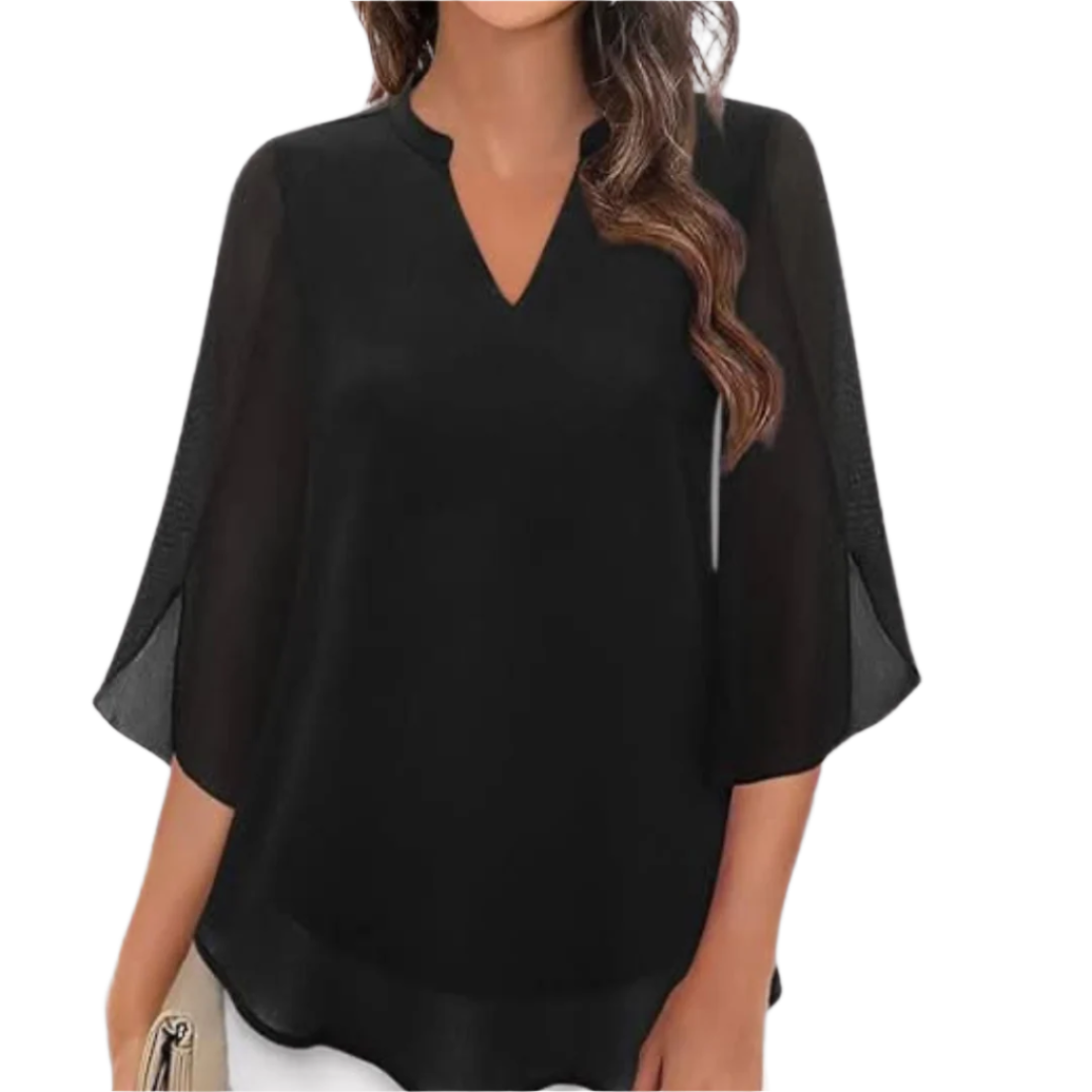 Elegant lagdelt V-hals bluse for kvinner i lett stoff. Perfekt for både hverdag og fest, damemote vår/sommer.