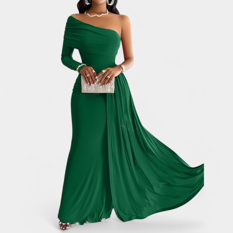 Allsidig lang bodycon kjole for kvinner, ermeløs med iøynefallende utringning, ideell for fest.