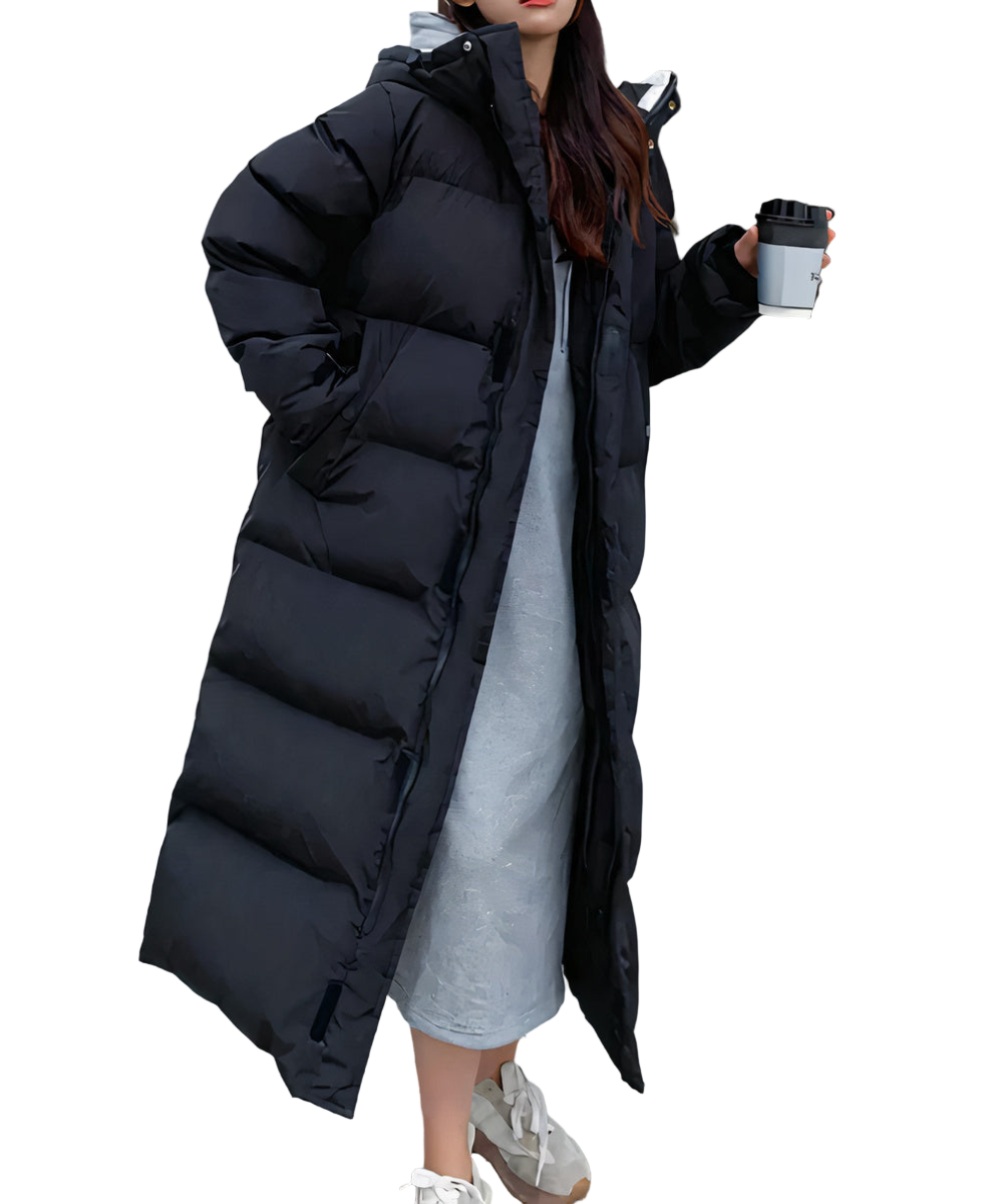 Elegant lang dame vinterjakke, vannavvisende og varm med hette for kuldebeskyttelse.