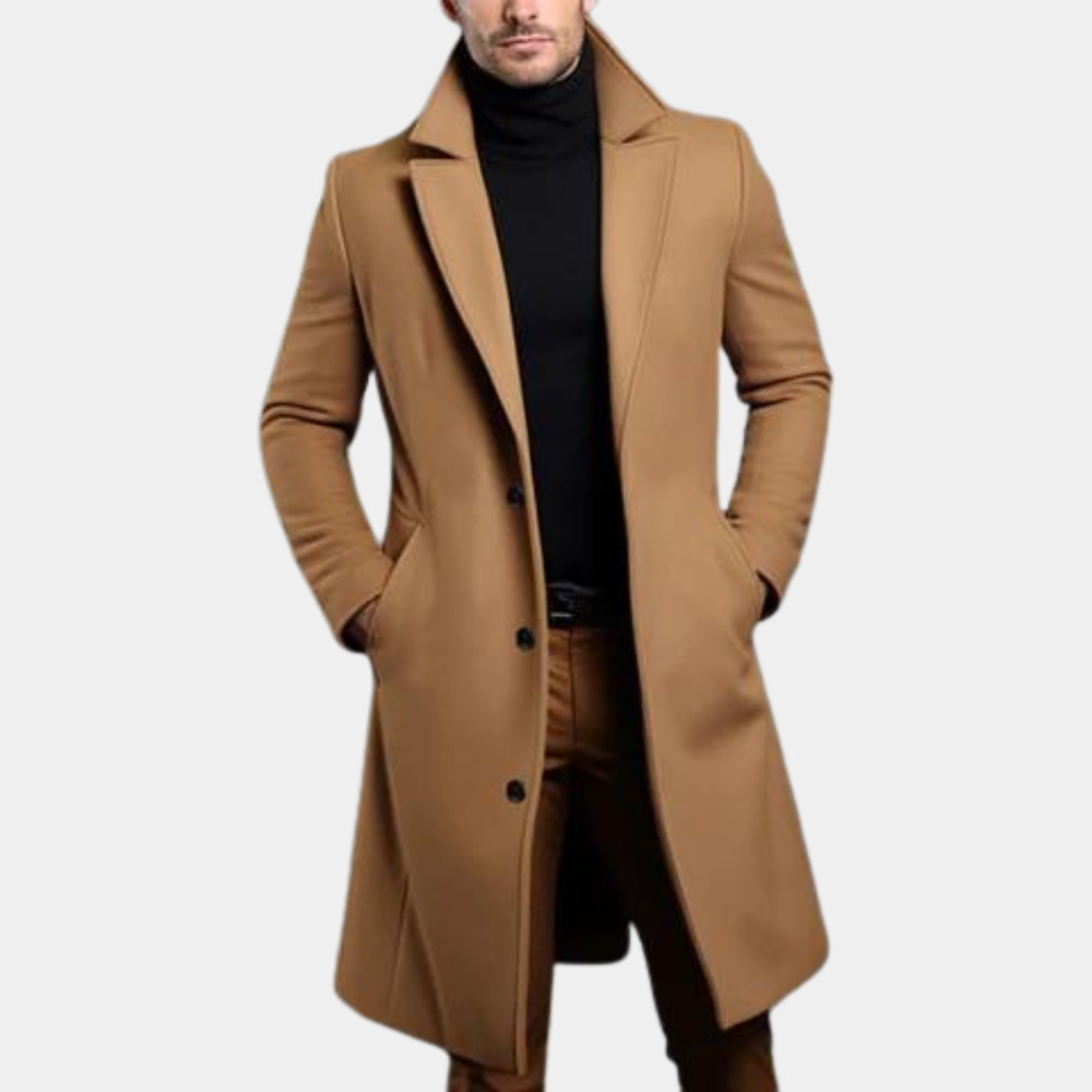 Stilfull herrefrakk, lang og varm, ideell som business frakk eller elegant yttertøy for menn.