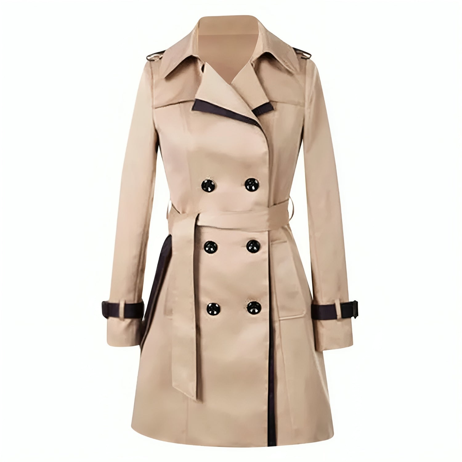 Elegant lang trenchcoat for kvinner i beige, klassisk design med belte. Perfekt som stilfull vår- eller høstkåpe.