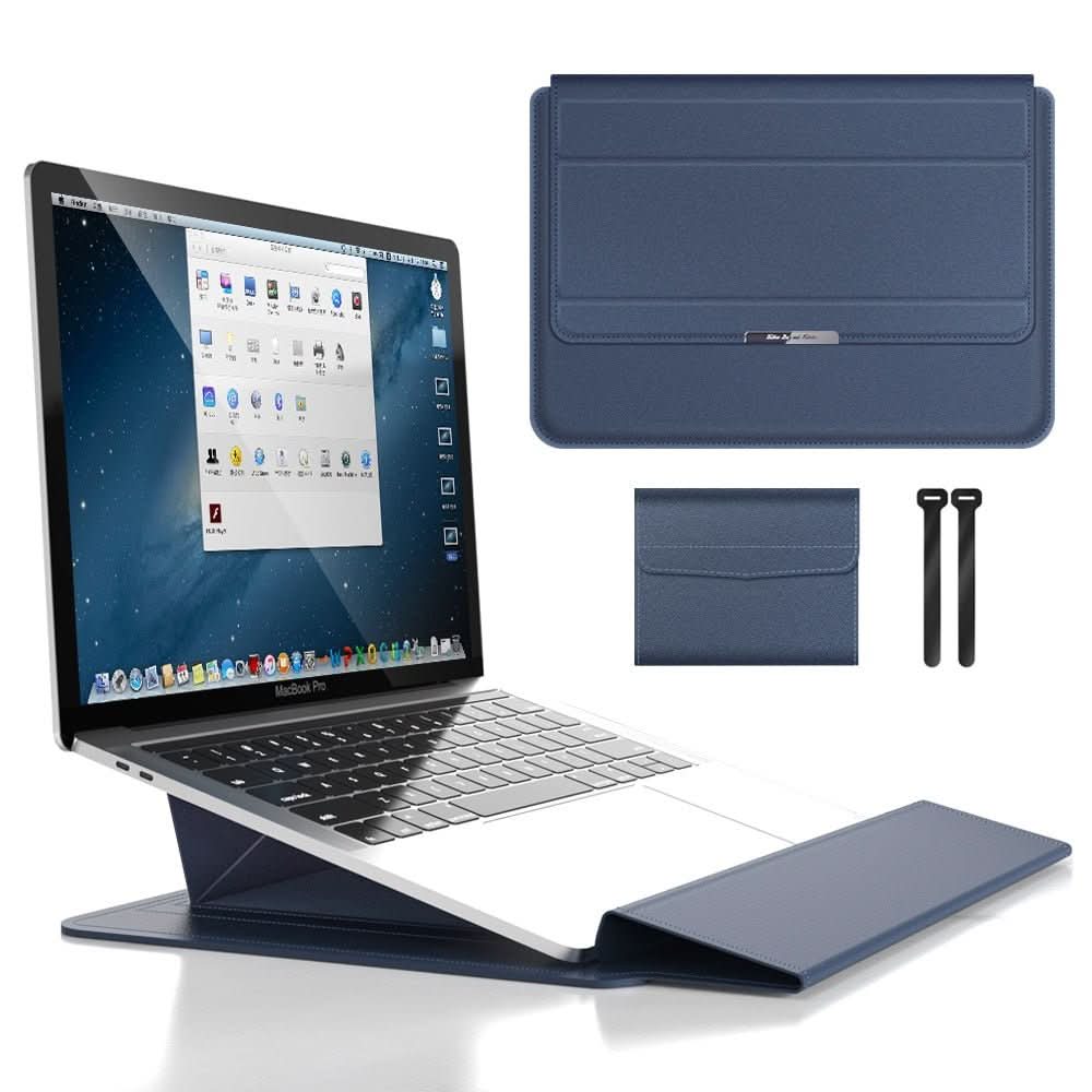 Detaljbilde av laptop sleeve sin funksjon som bærbart stativ for datamaskinen i bruk.