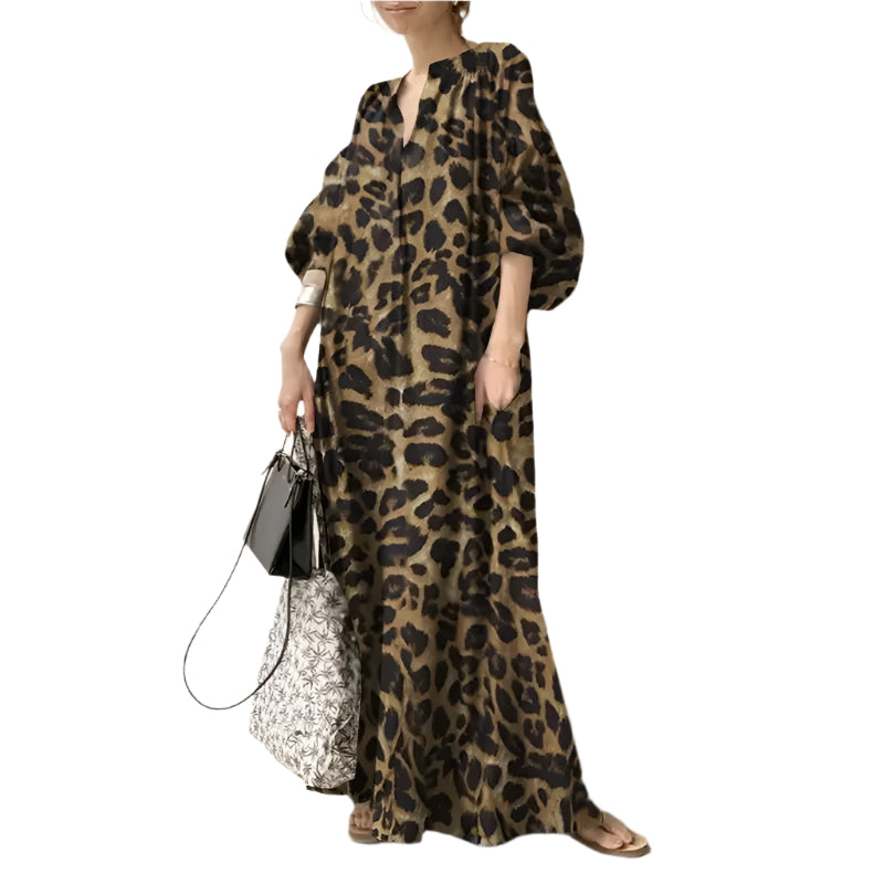 Elegant leopard maxikjole for kvinner med v-hals og trendy puffermer, perfekt for fest eller hverdagsbruk.