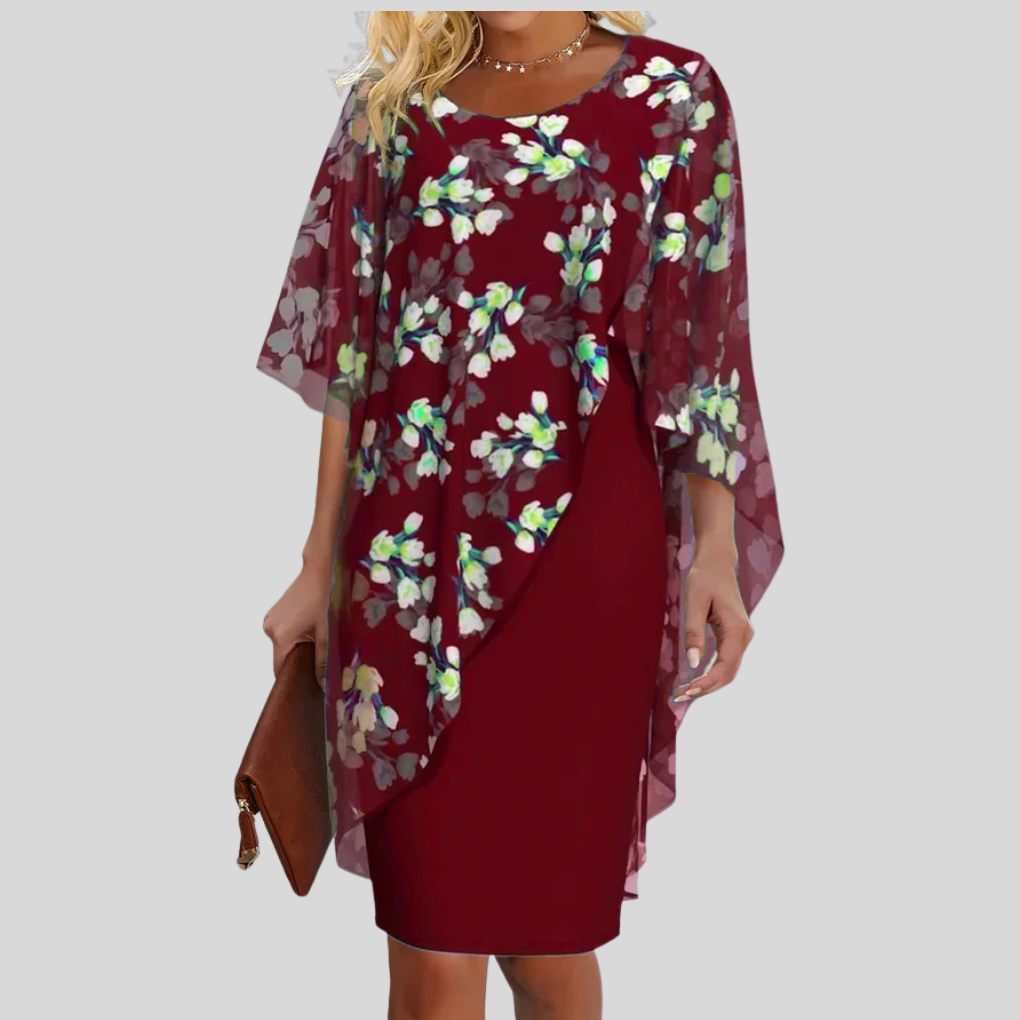 Romantisk vinrød blomstret chiffon festkjole. Lettvekts ermeløs damekjole, ideell for spesielle anledninger.