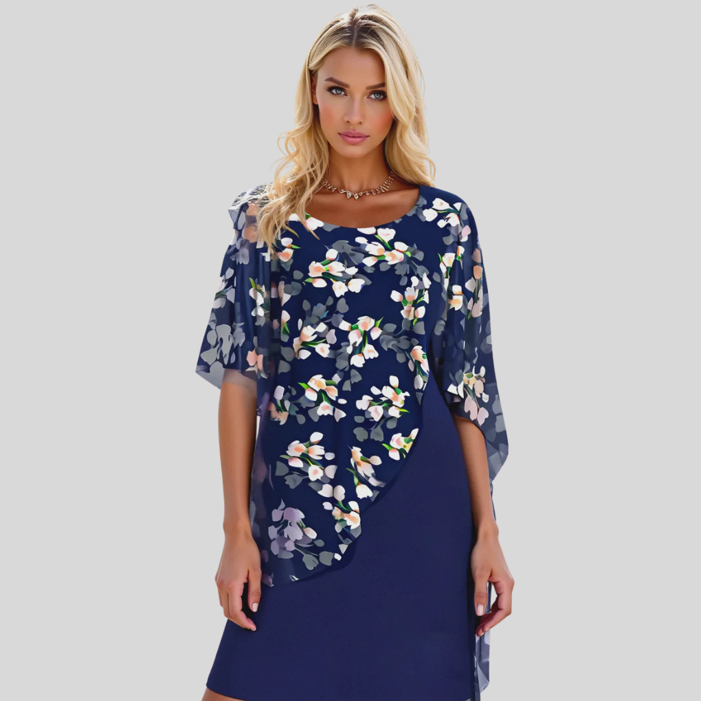Stilfull damekjole i blomstret chiffon. En allsidig A-linje kjole for hverdag, sommer og fest.
