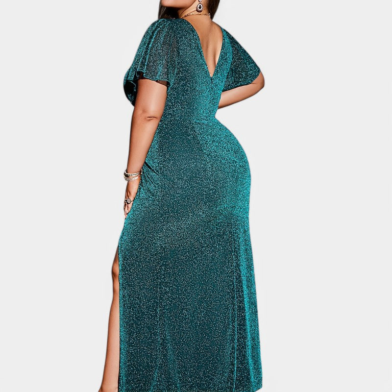 Komfortabel mørkegrønn polyester maxi kjole med v-hals og korte ermer for kvinner, elegant look.