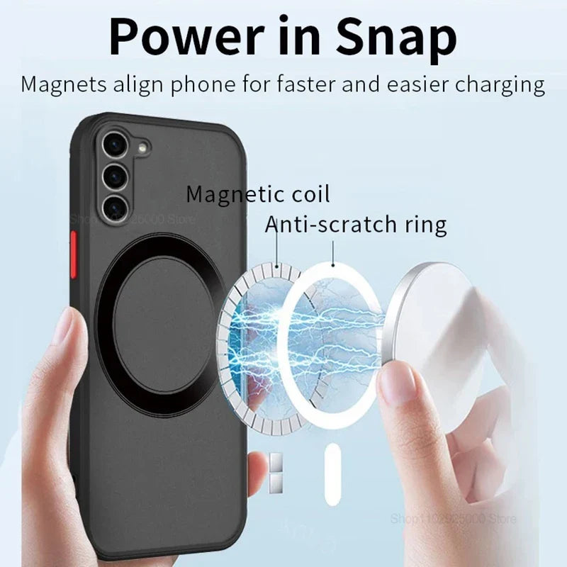 Matt sort mobildeksel til Samsung Galaxy S-serie, elegant design, støtter trådløs lading.