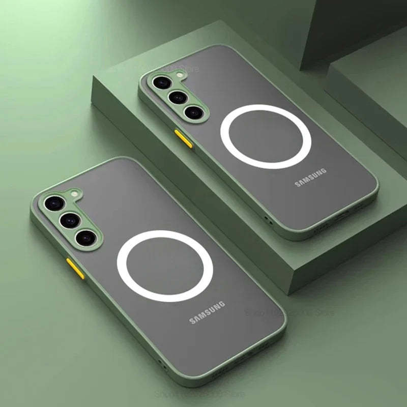 Premium magnetisk deksel til Samsung Galaxy S-serien, matt sort, trådløs lading, full beskyttelse.