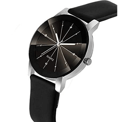 Elegant menns kvartsklokke med svart skinnrem og hvit urskive. Klassisk armbåndsur med tidløs stil.