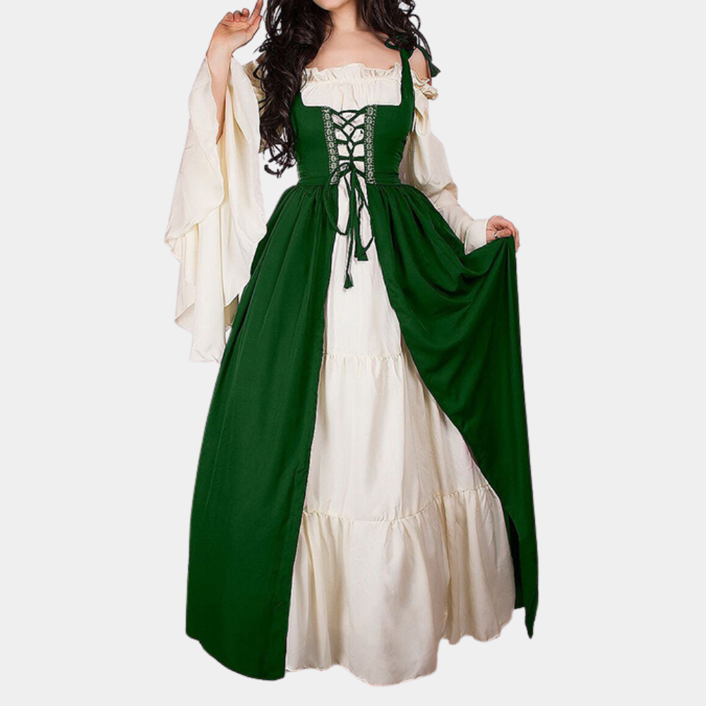 Behagelig lang middelalderkjole til dame. Klassisk design med historisk stil, ideell for komfort og eleganse.