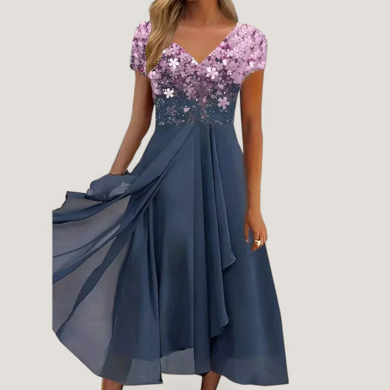 Elegant festkjole for damer, midikjole med flott blomstermønster, V-hals og korte ermer. Ideell for spesielle anledninger.