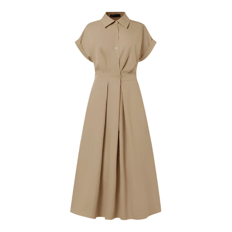 Elegant midi-skjortekjole for kvinner med høy midje, korte ermer, perfekt for jobb eller hverdagsbruk.