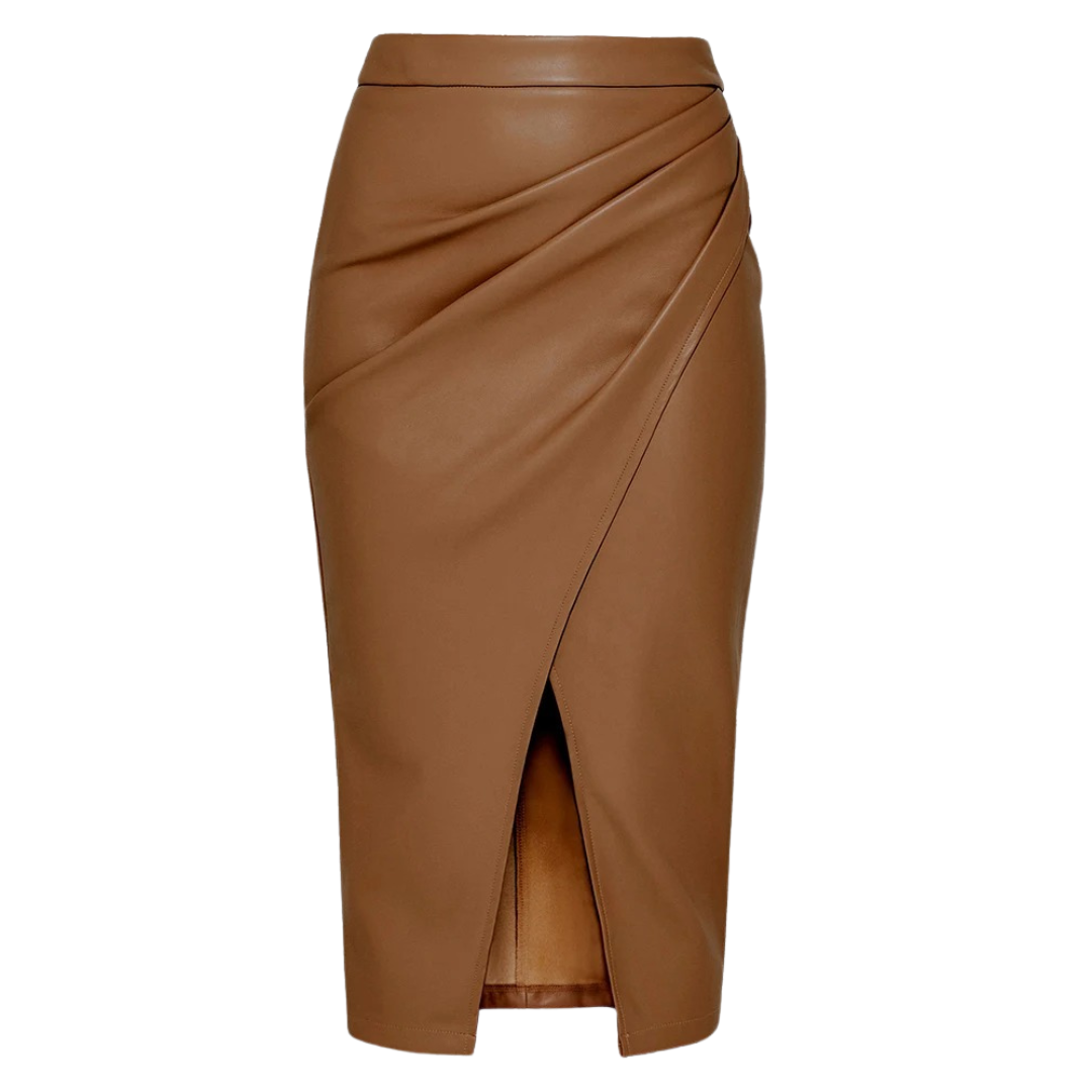 Beige midiskjørt med høy midje og elegant splitt, stilfullt for damer.