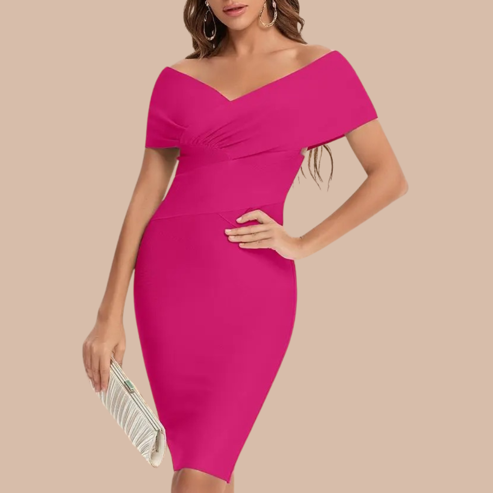 Helbilde av elegant off-shoulder damekjole. En feminin festkjole perfekt for sommerens begivenheter.