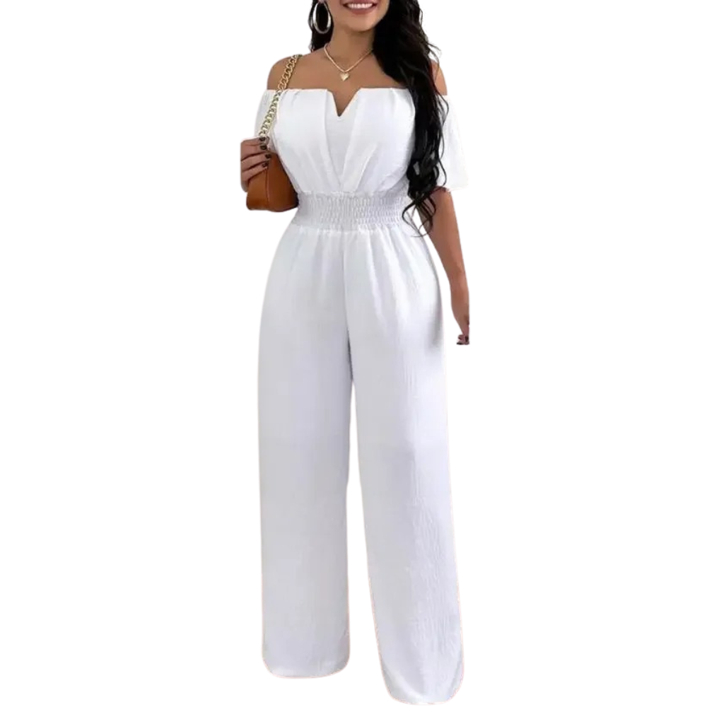 Elegant off-shoulder jumpsuit for kvinner med vide ben. Perfekt for sommer, fest og casual bruk.