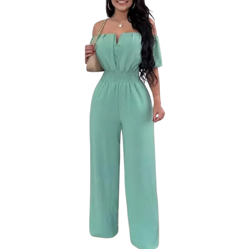 Nærbilde av elegant off-shoulder jumpsuit. Viser vakker utringning og design for kvinner.