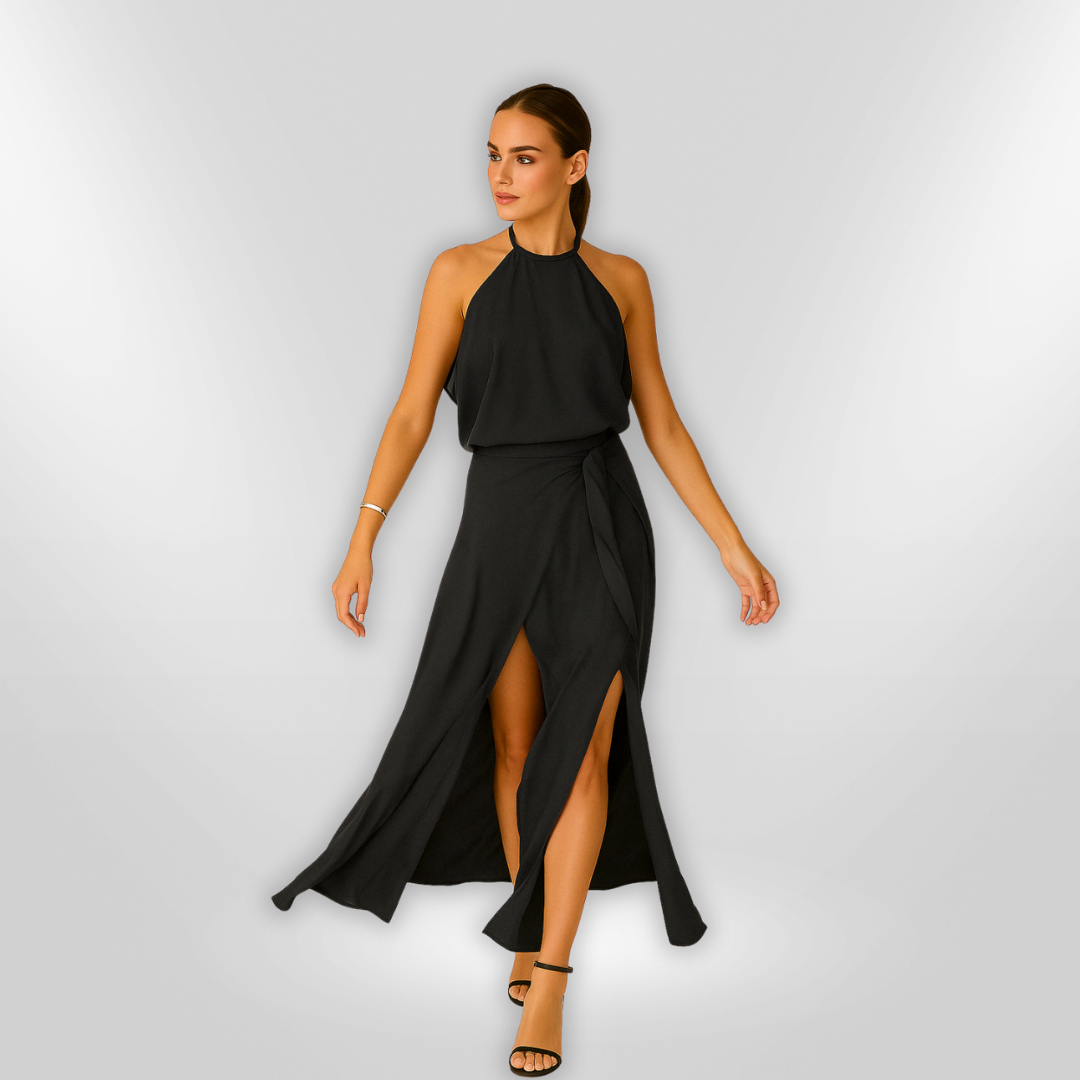 Elegant festkjole for kvinner med off-shoulder design og asymmetrisk drapering. Perfekt som sommerkjole.