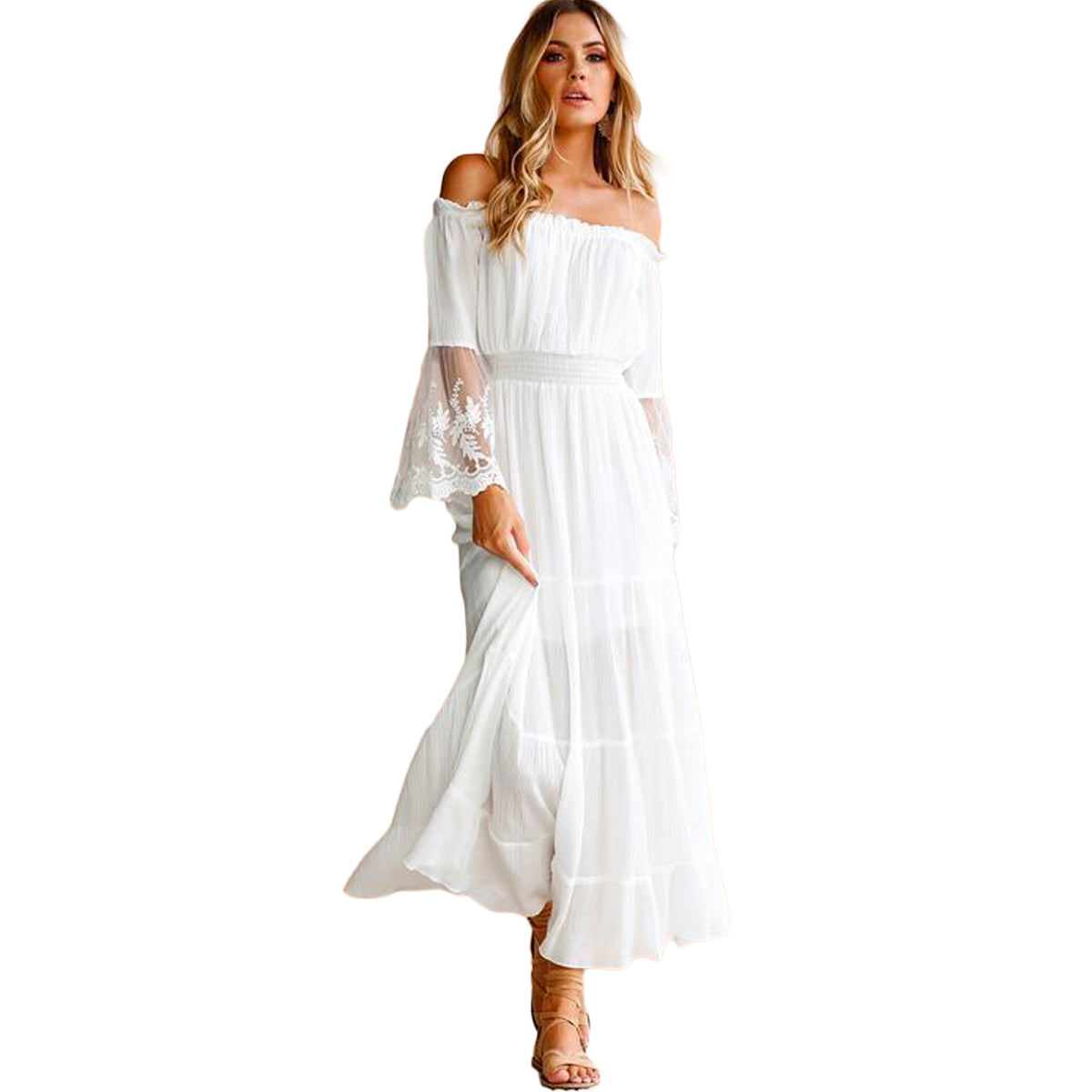 Elegant offshoulder blonde maxikjole for kvinner. Perfekt sommer- og festkjole.