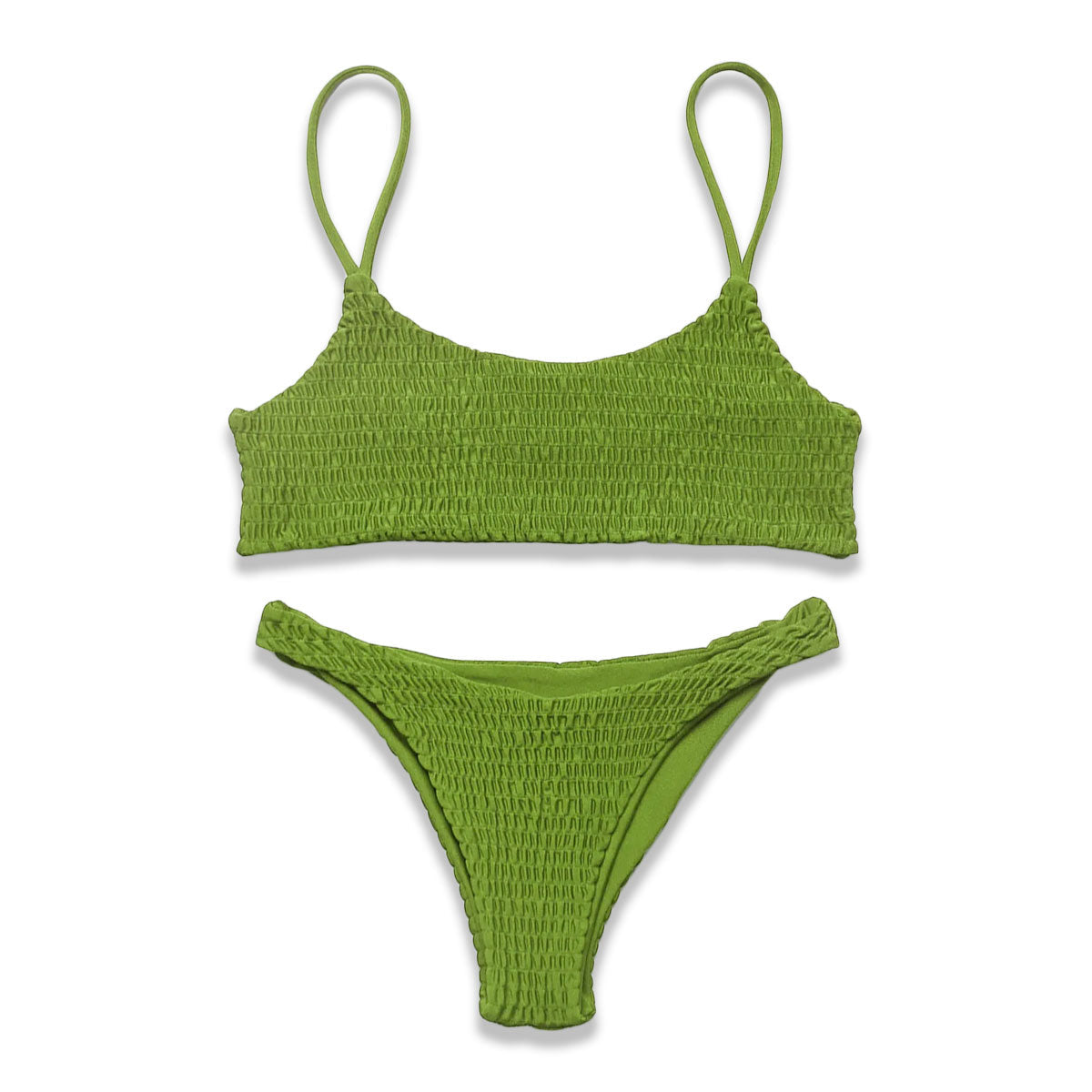 Elegant plissert bikinisett for dame med push-up effekt og lav midje, perfekt strandmote.