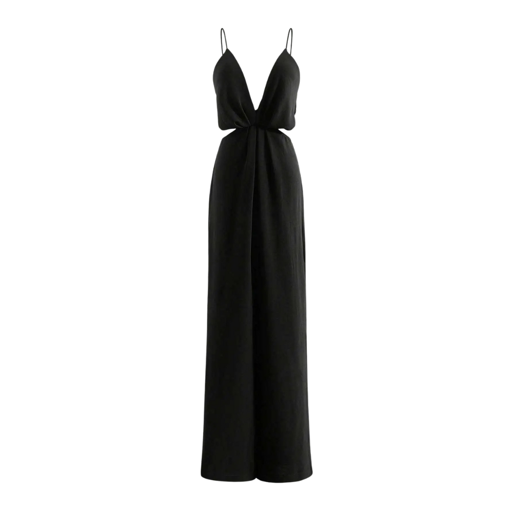 Kvinne i elegant plissert jumpsuit med vide ben. Casual men stilfullt festantrekk.