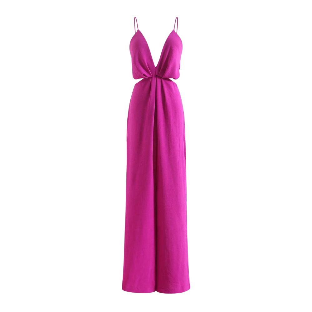 Ryggløs plissert jumpsuit for kvinner. Viser elegant kutt og komfortabel passform.