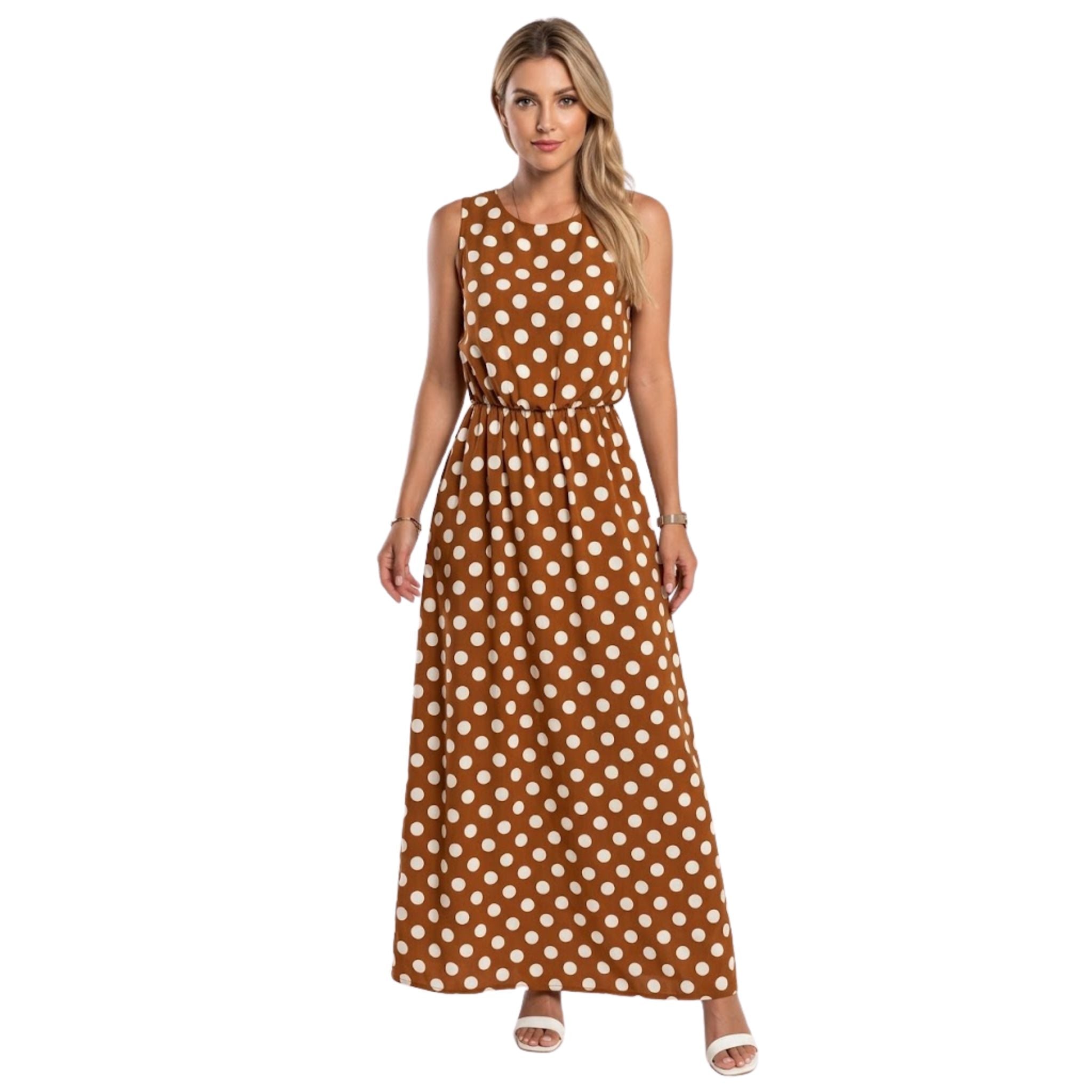 Elegant prikkete midi kjole for kvinner. Tidløs stil, perfekt for fest og hverdag.