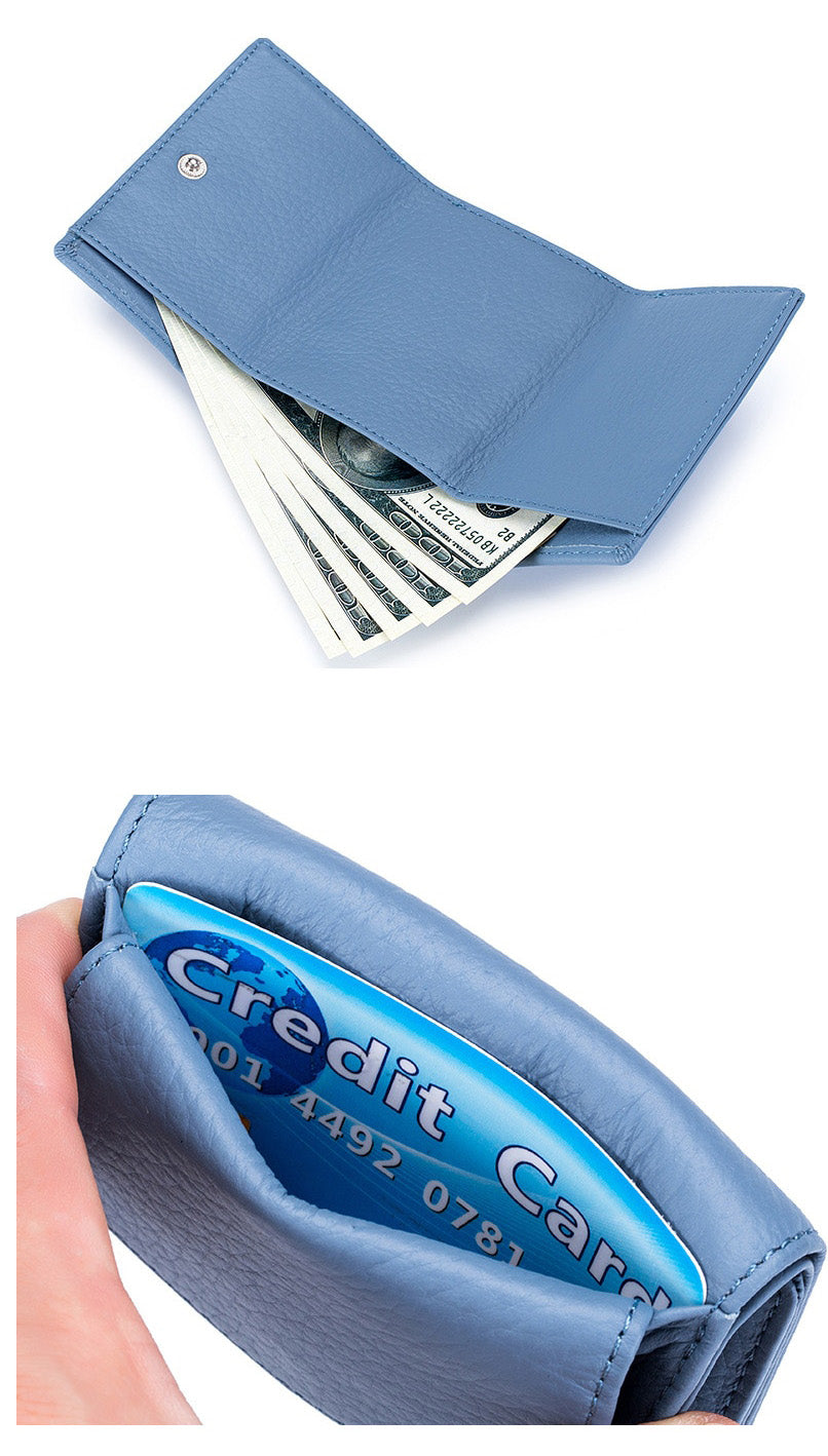 Elegant RFID lommebok i skinn, vist fra forskjellige vinkler for å vise slank design.