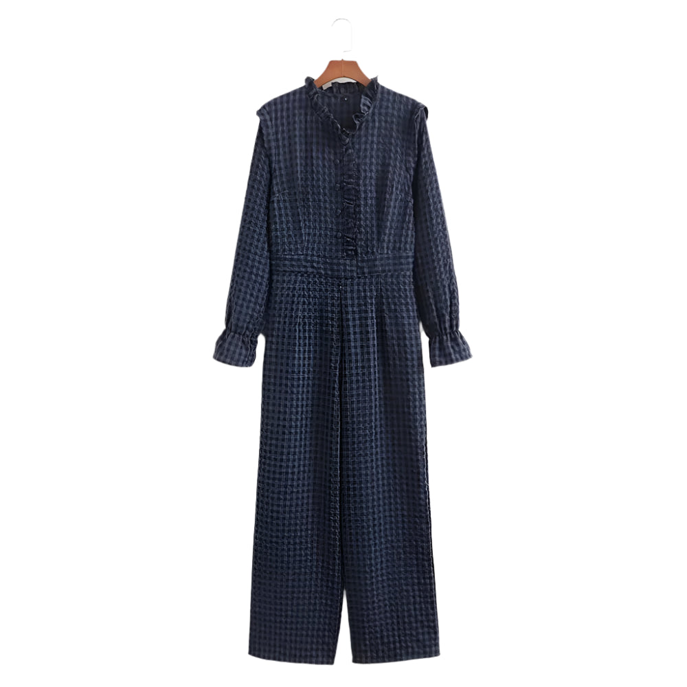 Elegant rutete jumpsuit for kvinner med stilige bobleermer. Komfortabel og moteriktig til vår og sommer.