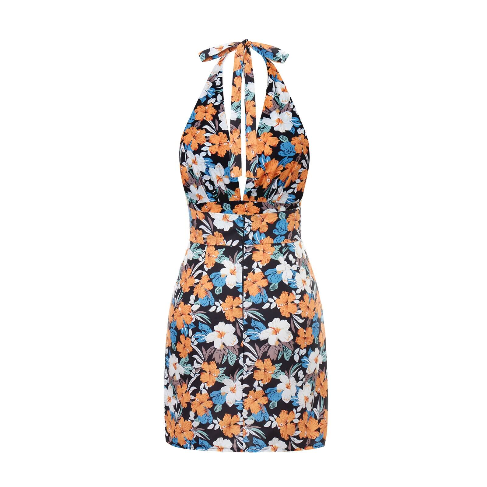 Elegant ryggløs V-hals mini solkjole for kvinner, perfekt som strand- eller sommerkjole.