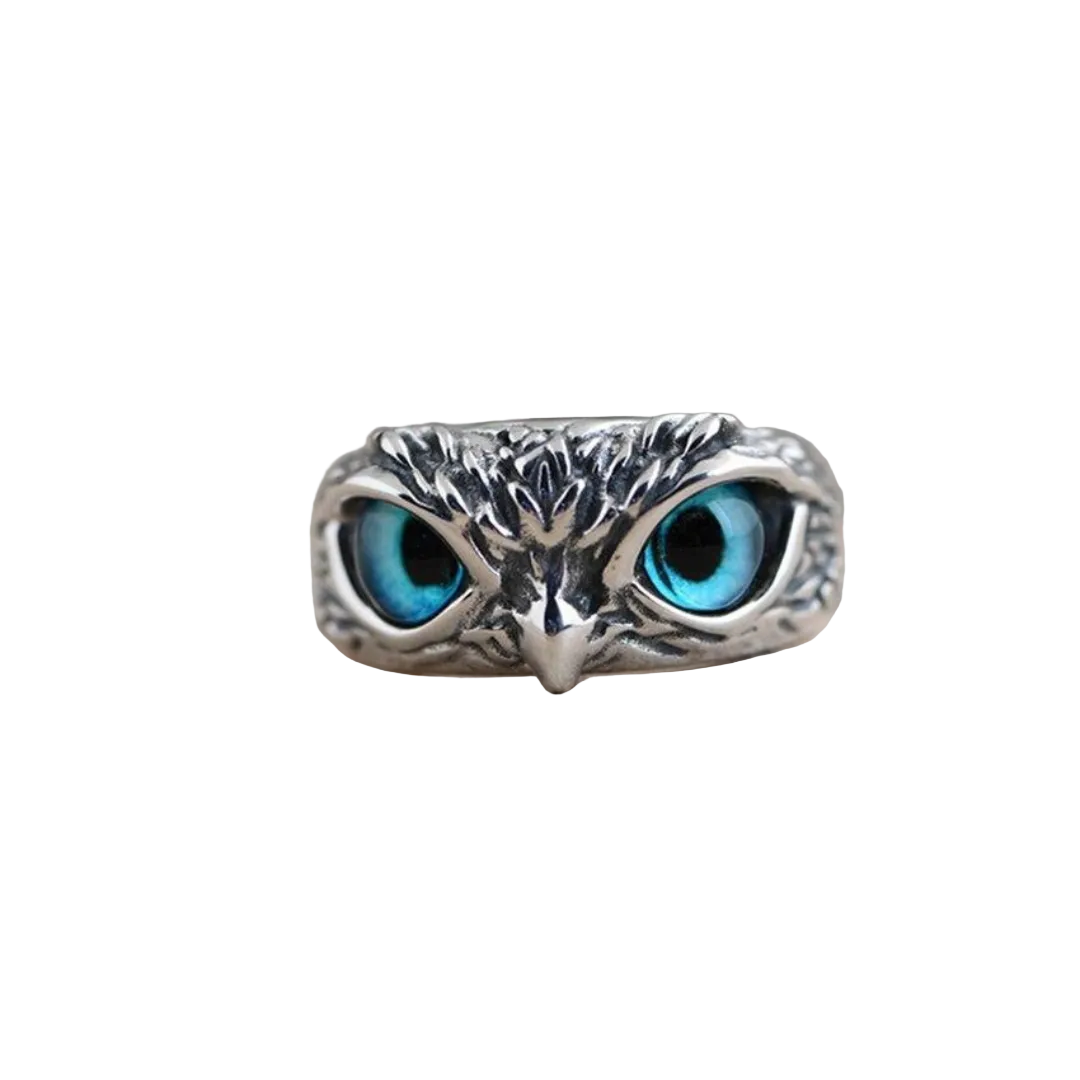 Elegant sølv ugle ring for dame med strålende blå opal. Justerbar størrelse.