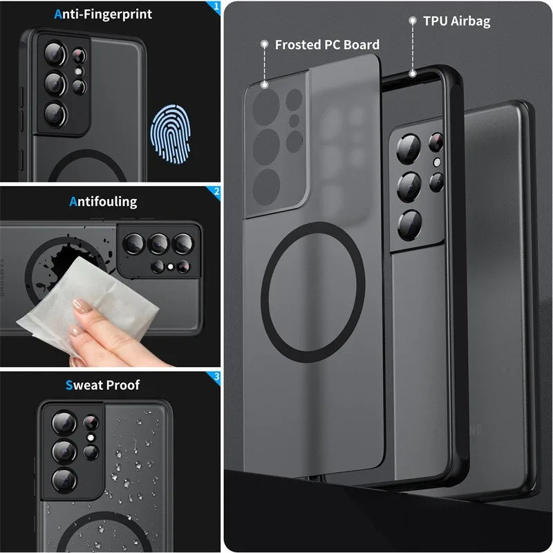 Nærbilde av elegant Samsung Galaxy S24 Ultra mobildeksel med matt finish og presise utskjæringer.