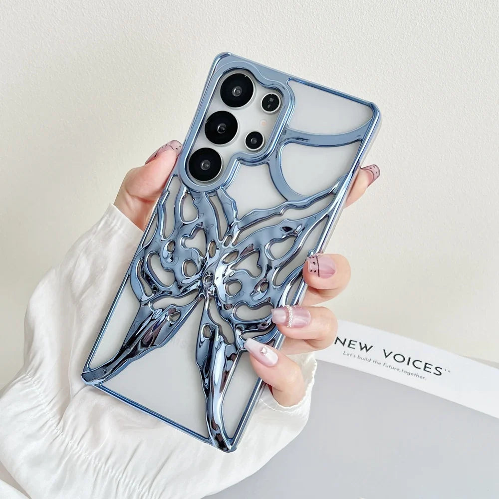 Telefonveske med 3D sommerfugl til Samsung Galaxy, viser frem design og material.