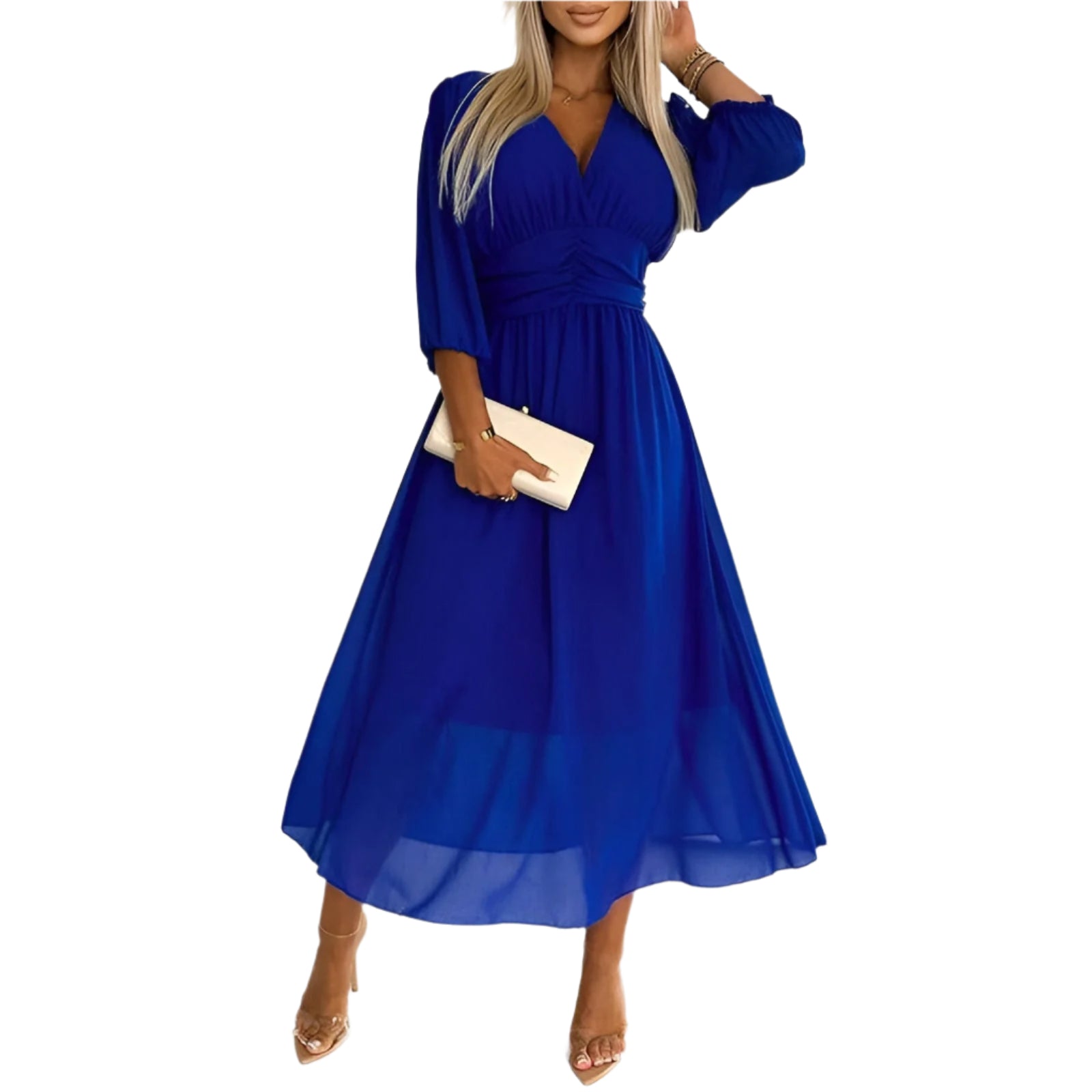 Elegant silkemyk chiffonkjole for kvinner, perfekt for fest og sommer. Behagelig lang damekjole.