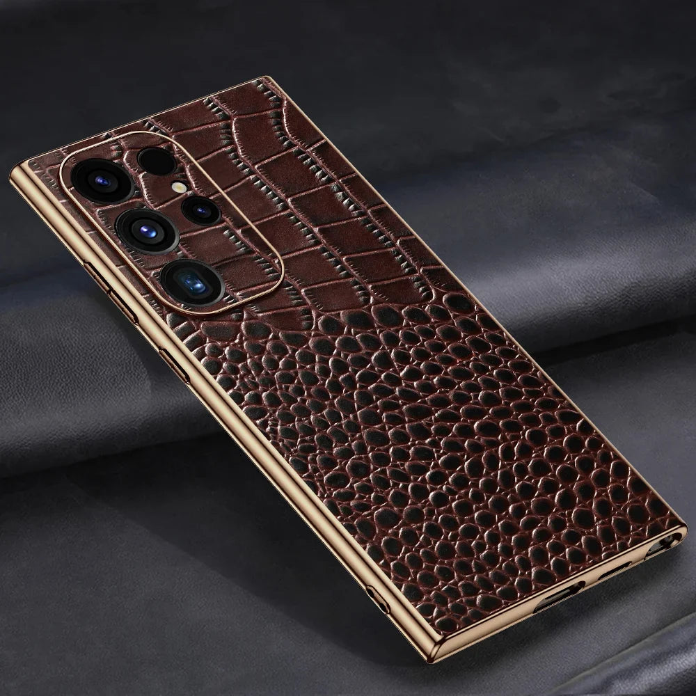 Elegant skinnveske for Galaxy S-serie, luksuriøs beskyttelse og stil.