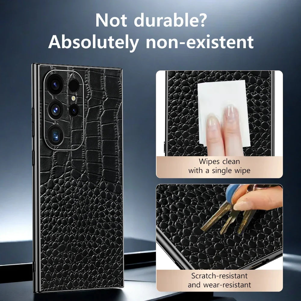 Nærbilde av elegant skinnveske for Galaxy S-serien, viser detaljer og tekstur.