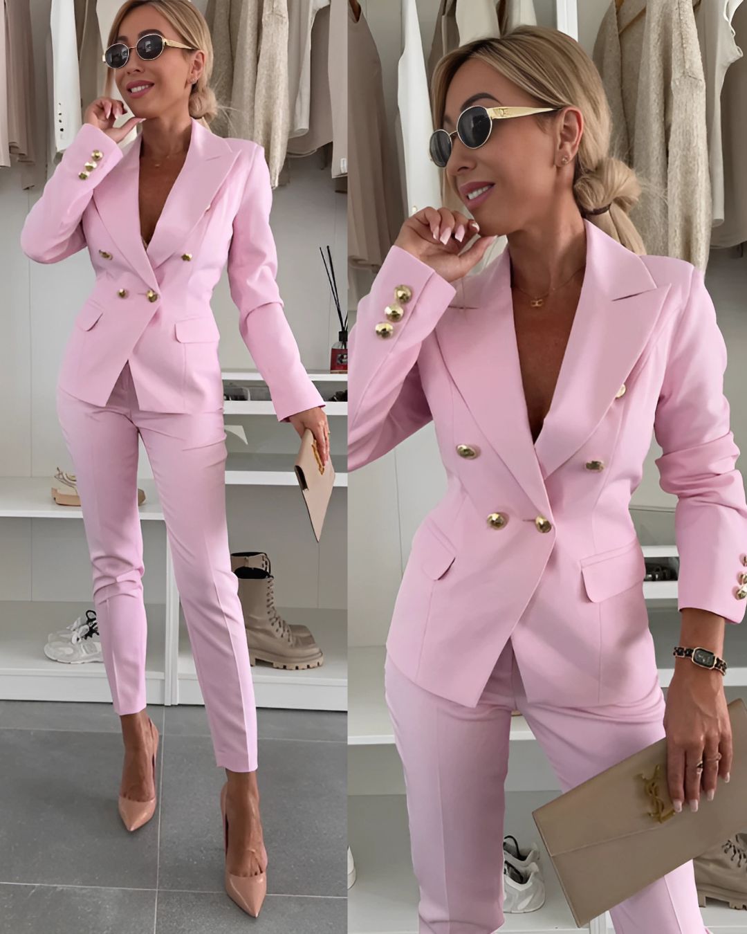 Helbilde av kvinne i stilren dobbelspent dress, viser full lengde og elegant silhuett.