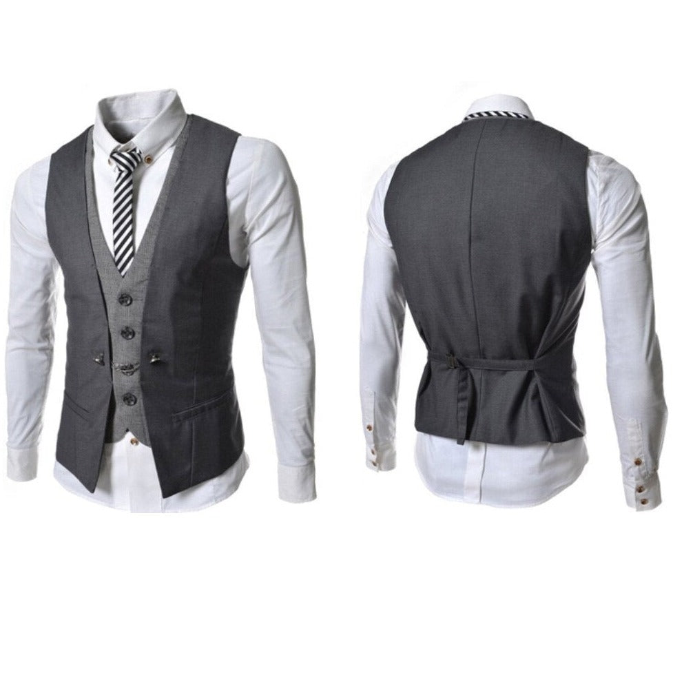 Detaljbilde av stofftekstur på en elegant, slim fit dressvest for menn. Høy kvalitet.