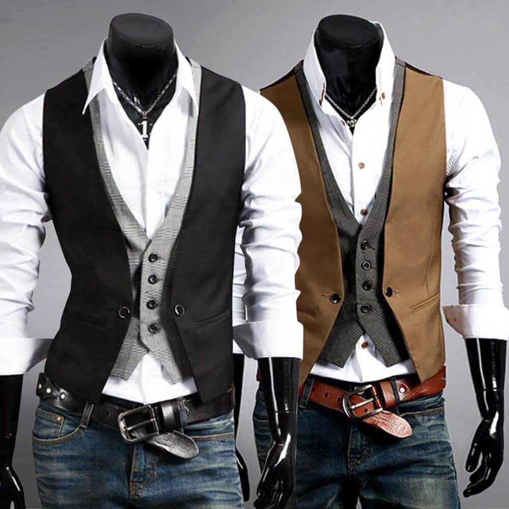 Slim fit herrevest sett bakfra. Viser den skreddersydde passformen og elegante silhuetten.
