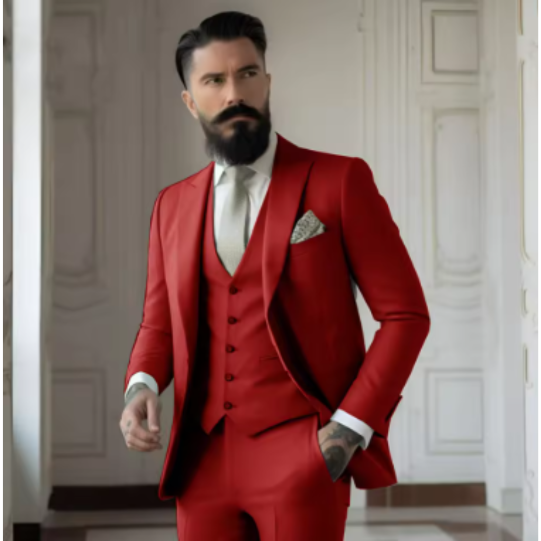Komplett tredelt herredress med slim fit jakke, vest og bukse for en skarp og moderne look.
