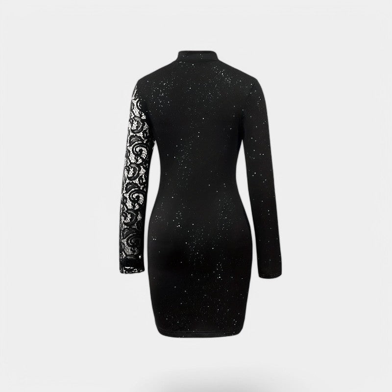 Sort bodycon midikjole med blonder og høy hals. En stilig langermet festkjole for kvinner som ønsker et elegant uttrykk.