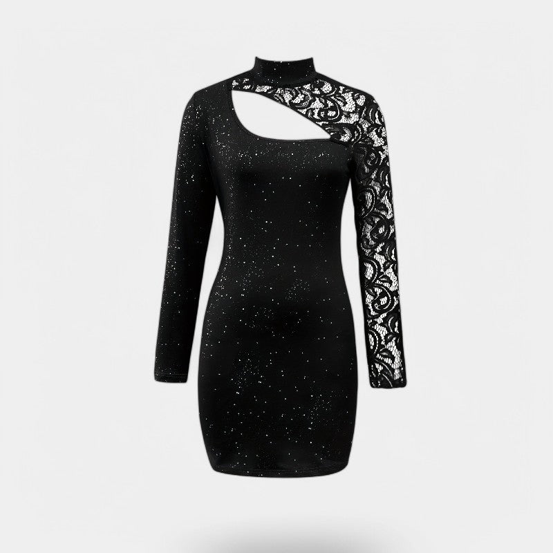 Detaljert bilde av sort blondekjole med elegant høy hals. Langermet bodycon midikjole, ideell som festkjole for kvinner.