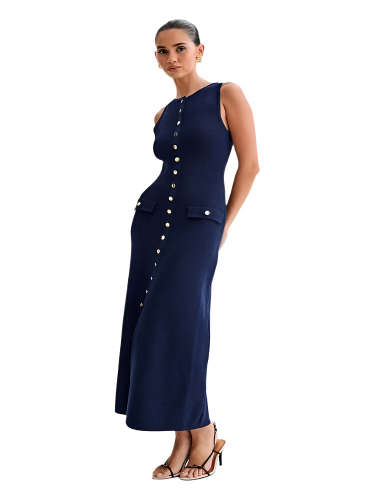 Aprikos ermeløs strikket bodycon-kjole med knapper. Perfekt for sommer, motebevisste kvinner.